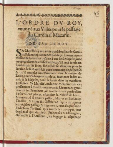 L'ordre du Roy, envoyé aux villes pour le passage du cardinal Mazarin