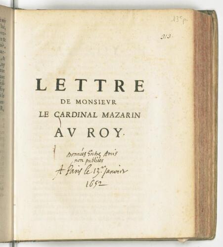 Lettre de monsieur le cardinal Mazarin au Roy.