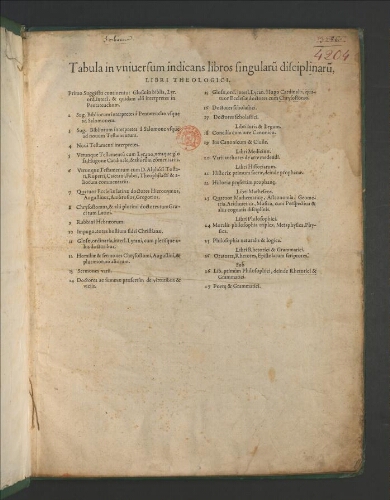 Tabula in universum indicans libros singularum disciplinarum