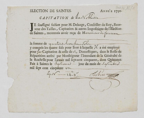 Reçu pour l'année 1750 de quatorze livres huit sols au titre de la capitation de la noblesse pour l'élection de Saintes