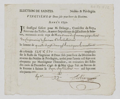 Reçu pour l'année 1750 de quatre-vingt dix-neuf livres au titre du vingtième pour l'élection de Saintes