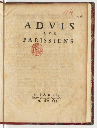 Advis aux Parissiens [sic].