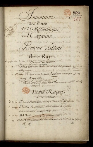 Inventaire des livres de la Bibliothecque Mazarine [Tome I, numéros 1 à 7435]