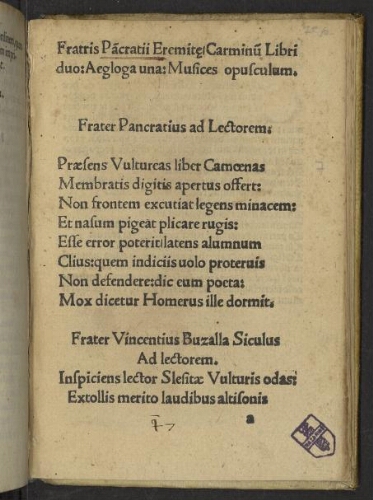Fratris Pãcratii eremite̜ carminũ libri duo, egloga una, musices opusculum.