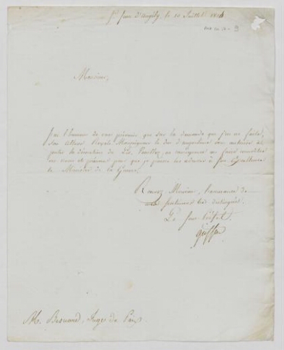 Lettre du sous-préfet de Saint-Jean d'Angély à Louis Besnard l'informant du succès de sa demande à porter la décoration du Lys