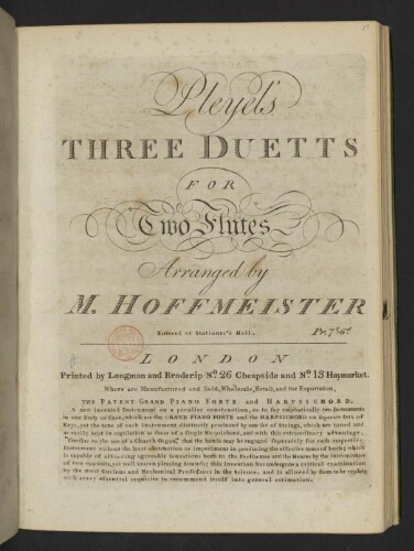 Pleyel's three duetts for two flutes arranged by M. Hoffmeister Enter'd at Stationers Hall