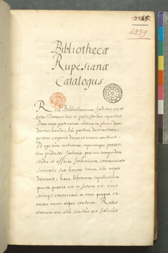 Bibliothecae Rupesianae catalogus