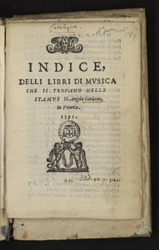 Indice, delli libri di musica che si trovano nelle stampe di Angelo Gardano, in Venetia. 1591