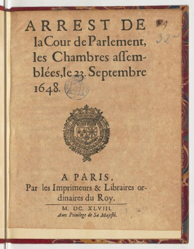 Arrest de la cour de Parlement, les chambres assemblées, le 23. septembre 1648.