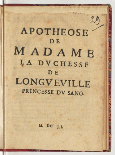 Apotheose de Madame la duchesse de Longueville, princesse du sang.