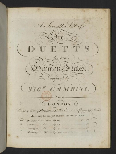 A seventh sett of six duetts for two German flutes composed by sigr. Cambini.